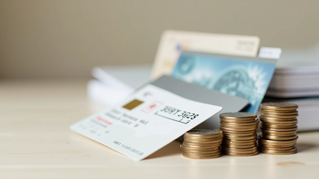 Bankkaarten en spaarboekje op bureauoppervlak met geldmunten