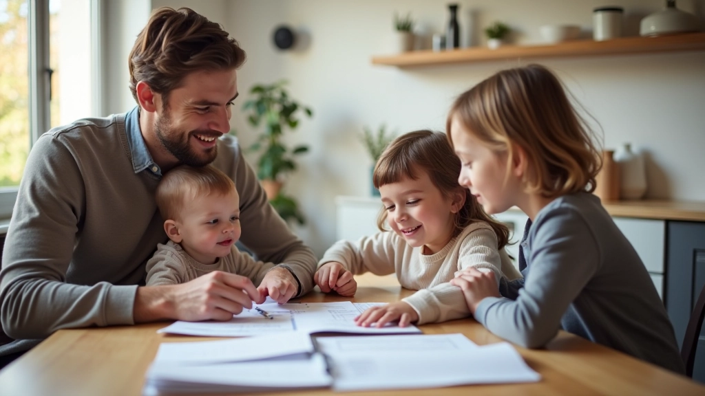 Familie met kinderen en ouders om tafel met budgetplanner en notities
