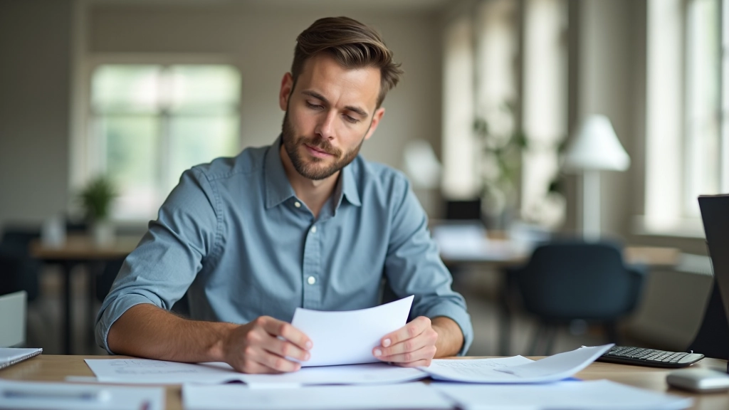 Persoon aan bureau met financiële planning, budgetdocumenten en koffie, kantoor omgeving met natuurlijk licht