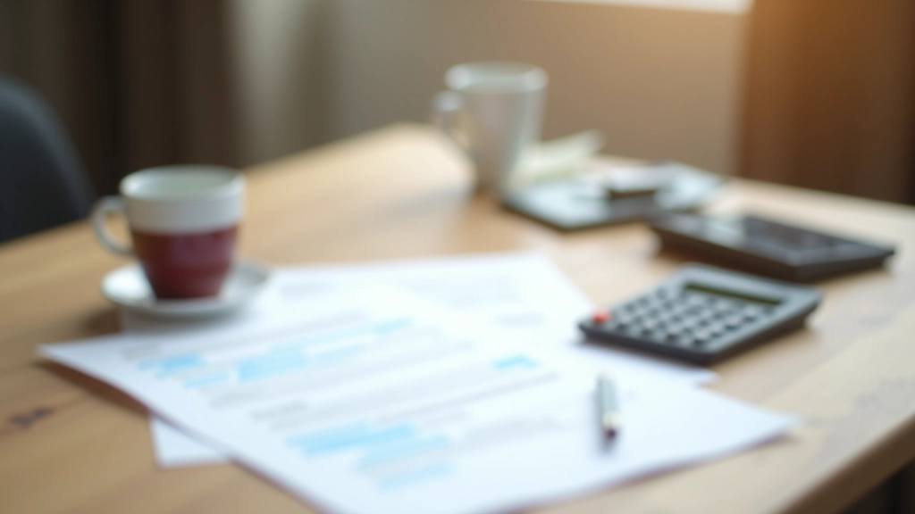 Bureau met financiële documenten, rekenmachine en kopje koffie in warm licht