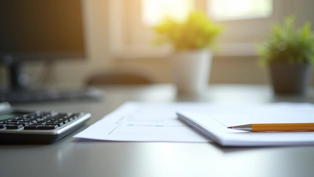 Kantoor met financiële documenten, calculator en notitieboek op bureau met natuurlijk licht