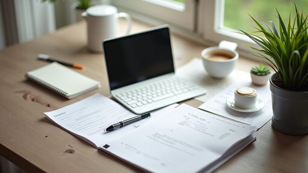 Moderne werkplek met laptop, notitieboeken en kopje koffie, natuurlijke daglicht vanuit venster, schoon bureaublad