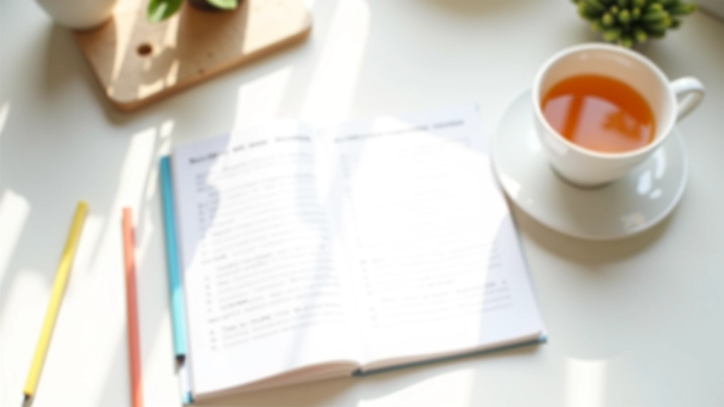 Notitieboek met budgetplan en pennen op bureau met kopje thee