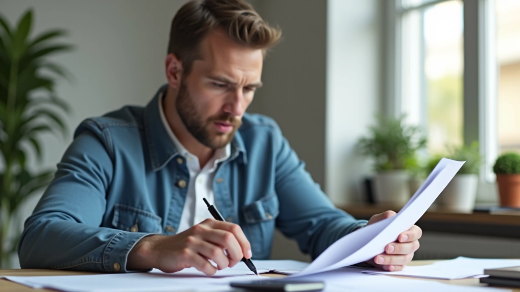 Persoon zittend aan tafel met calculator en financiële documenten