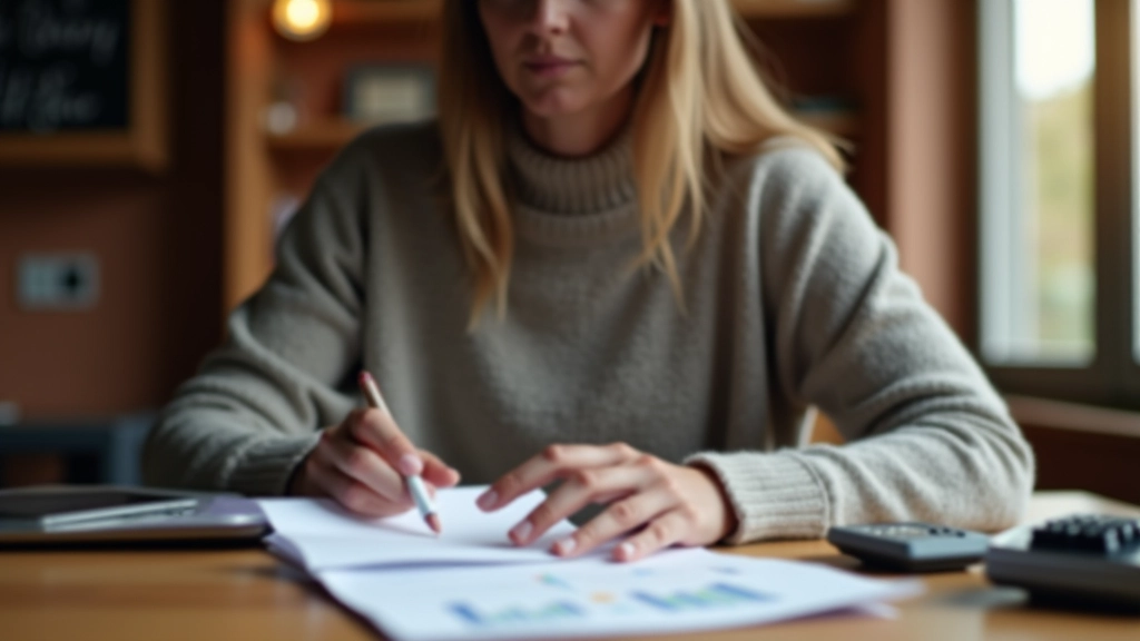 Persoon die bankafschriften controleert op schrijftafel met rekenmachine