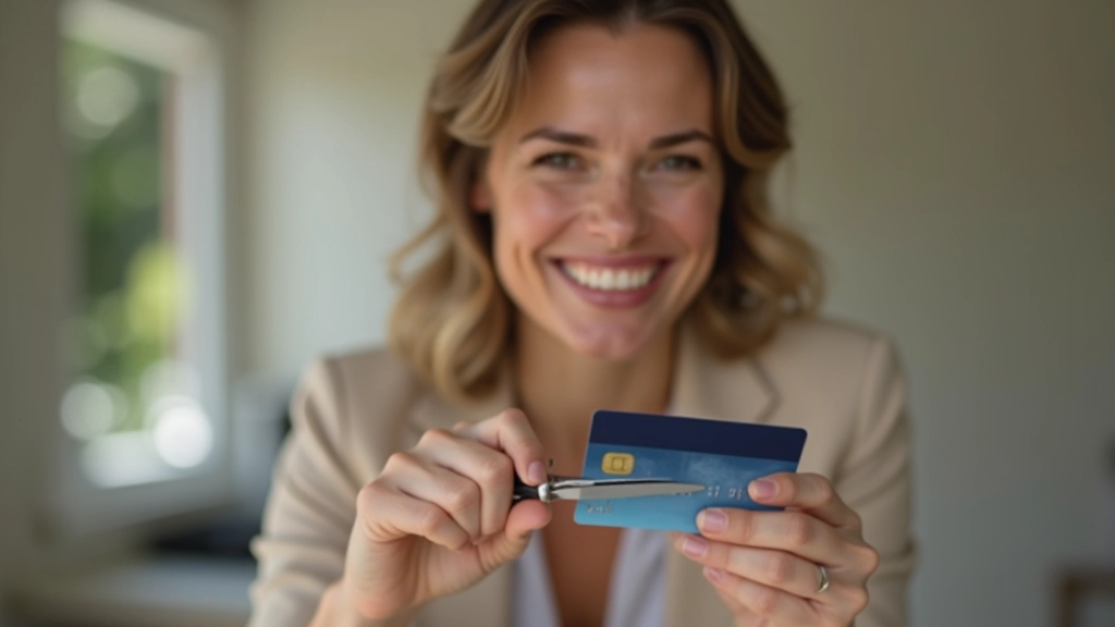 Vrouw die glimlacht terwijl ze creditcardschaar gebruikt om plastic kaart door te knippen